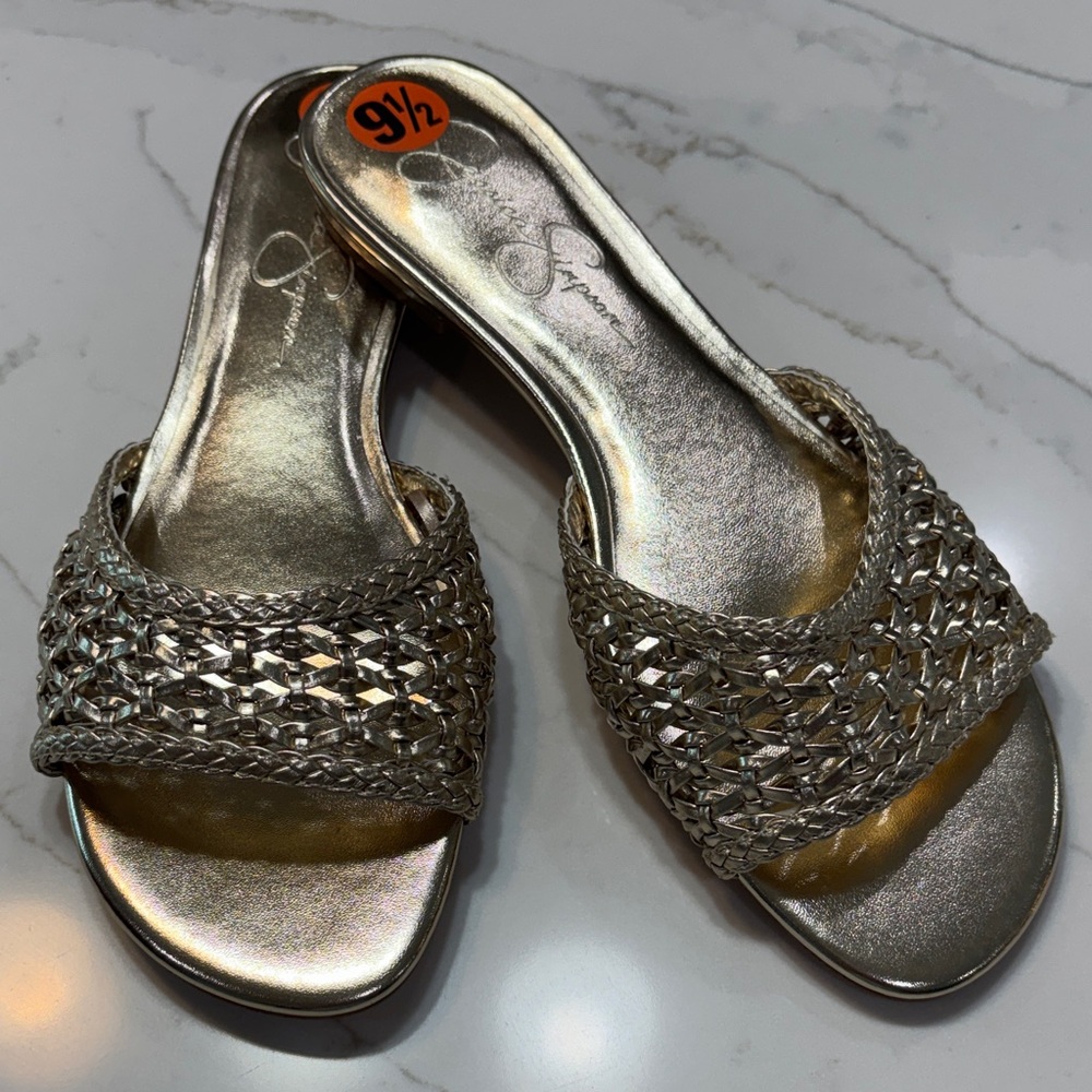 Metallic Gold Woven Slide Sandals - Women's